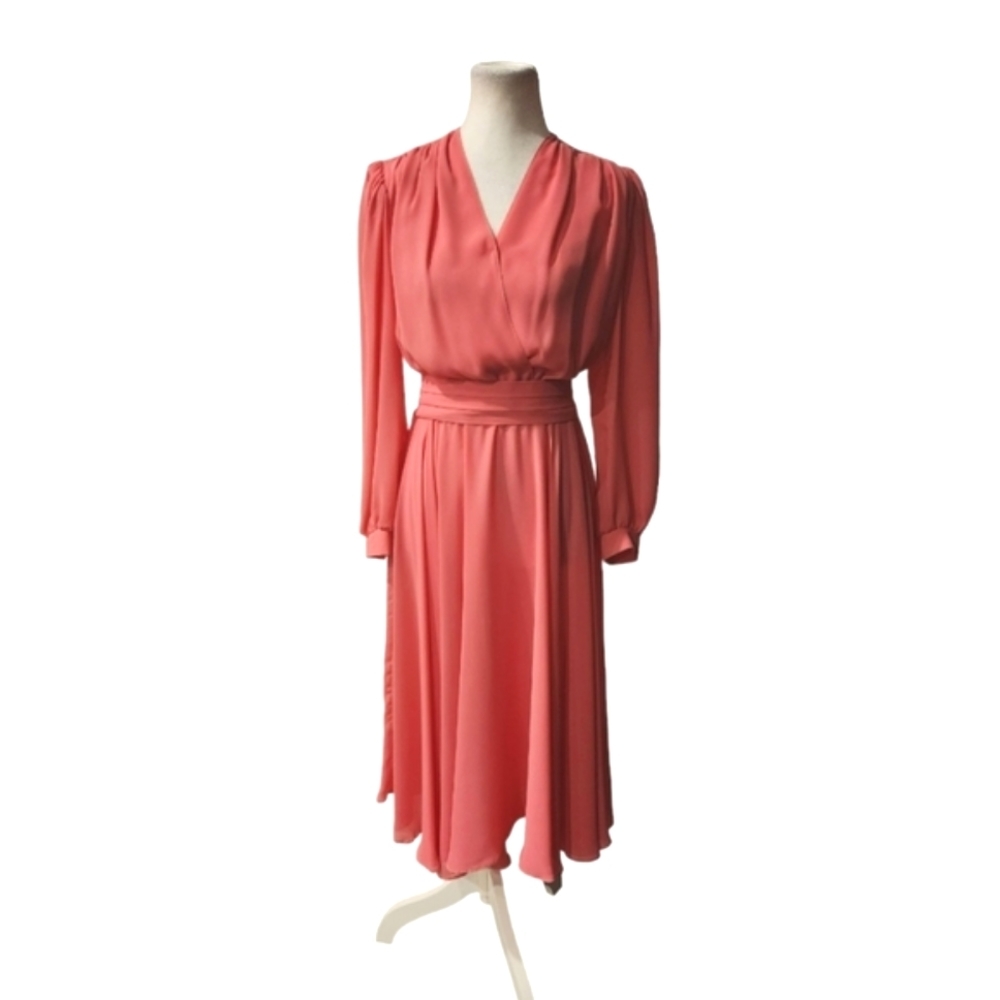 Vintage 80s/90s Pink Chiffon Long Sleeve Dress with Shoulder Pads